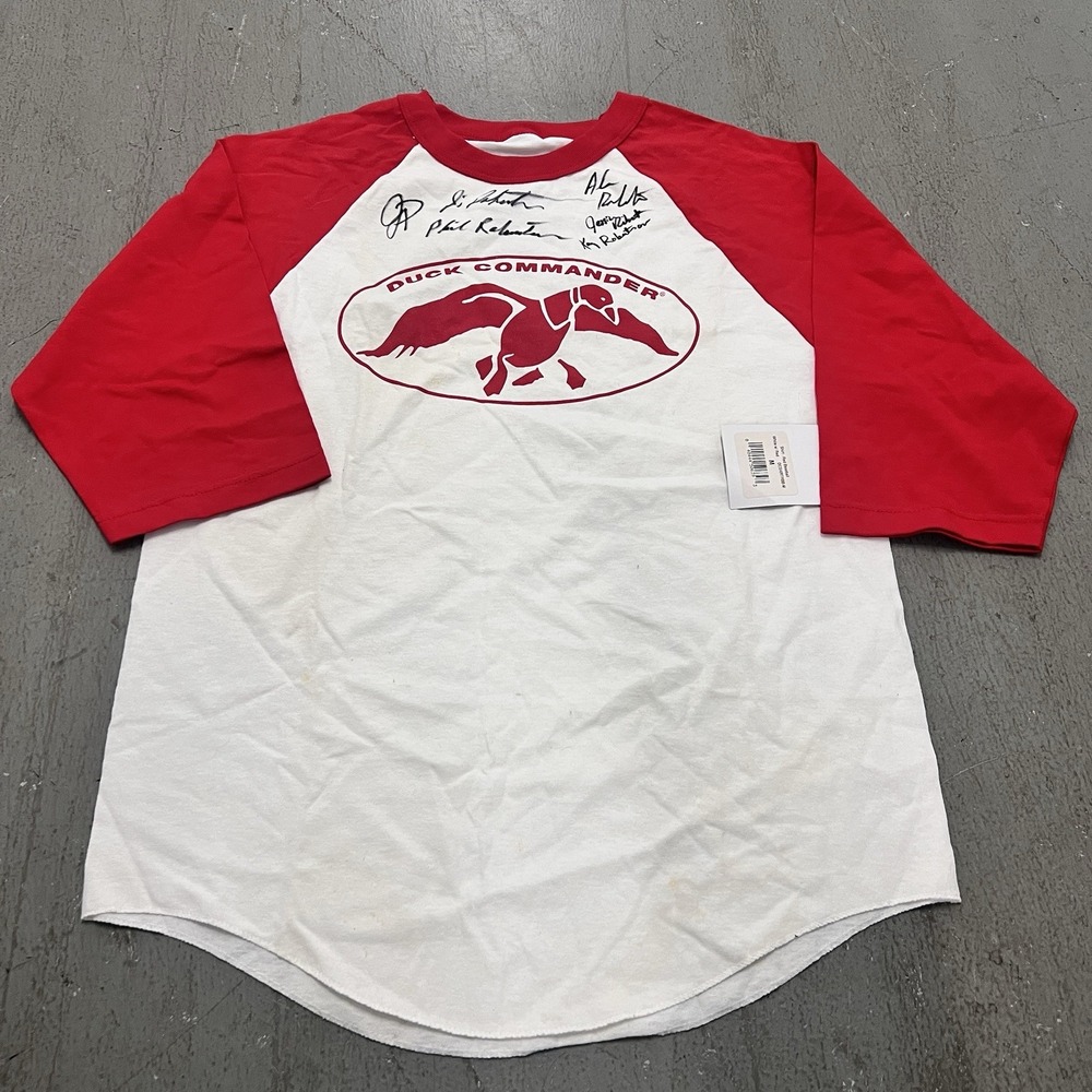 Duck Commander Shirt Autographed Cast Duck Dynasty Red White Raglan‎ Tee Stained